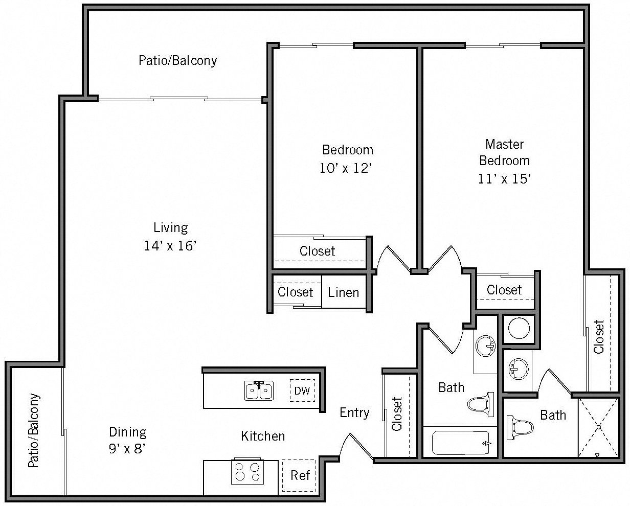 Floor plan for 2 beds, 2 baths, 970 sqft